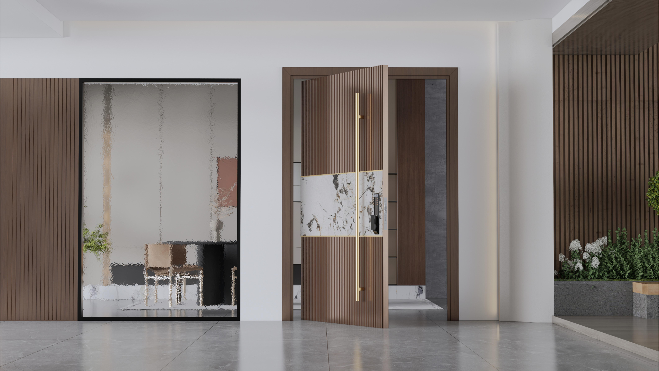 Wooden entrance pivot door with metal handle in a grand foyer.