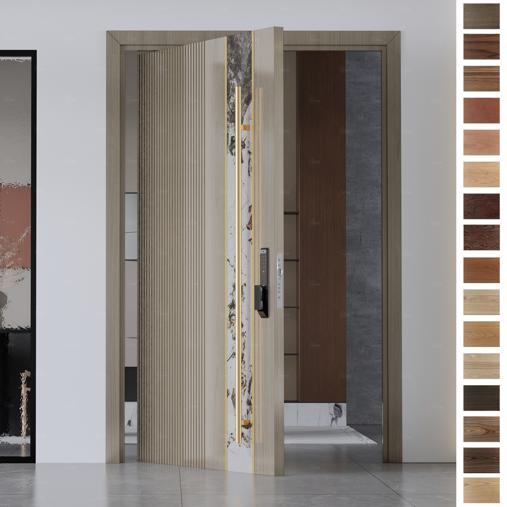 Entry Door made of solid American Walnut with a smart lock system.