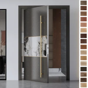 Entry Door with modern pivot design, aluminium handle, and solid timber build.