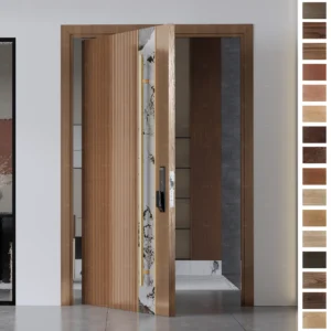 Entry Door with custom marble panels, grooved wood, and pivot style.