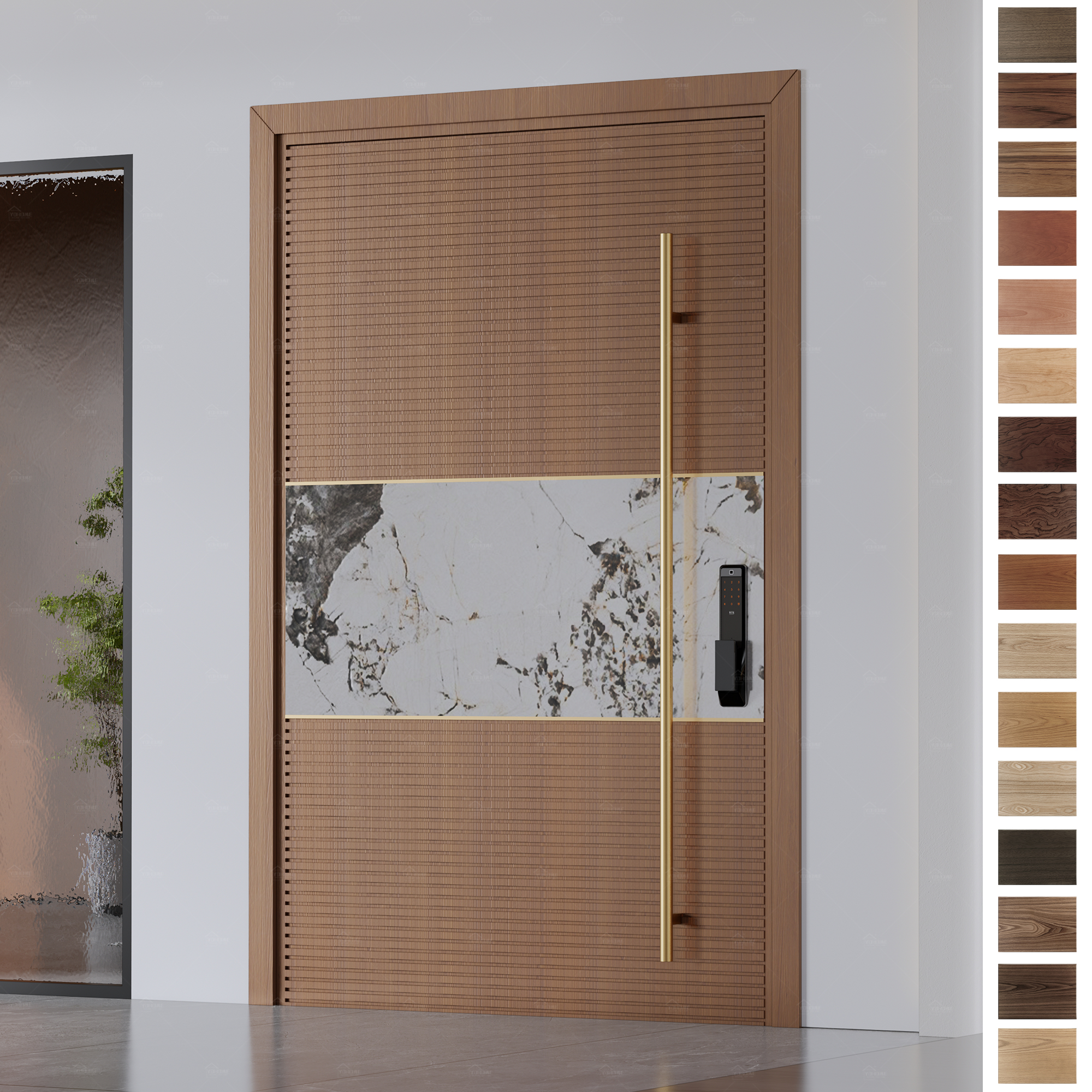Entry Door in elegant wood with gold handle.
