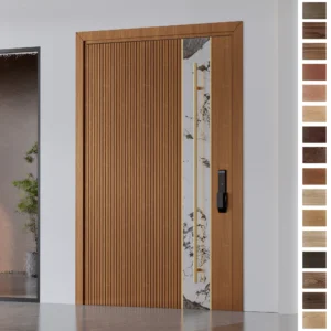 Explore premium solid wood pivot entry doors with decorative panel inlay grill design.