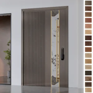 Entry Door with Grooving Design, crafted from solid wood for modern villas.