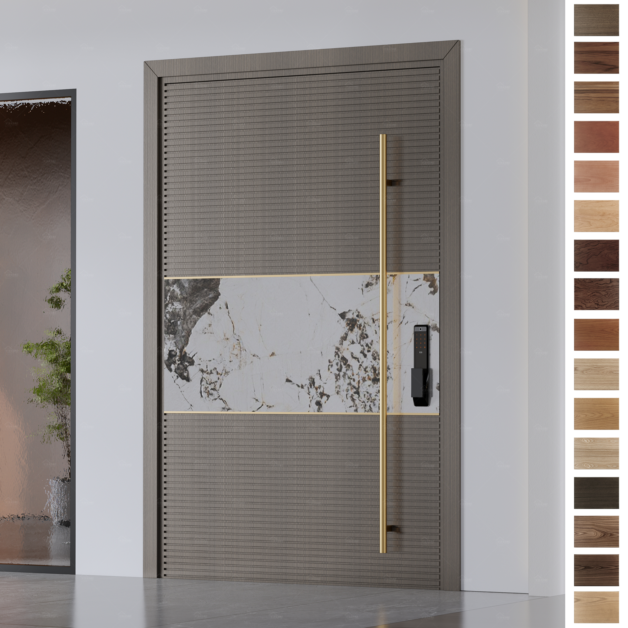 Entry Door featuring a sleek pivot design, durable core, and smart fingerprint reader.