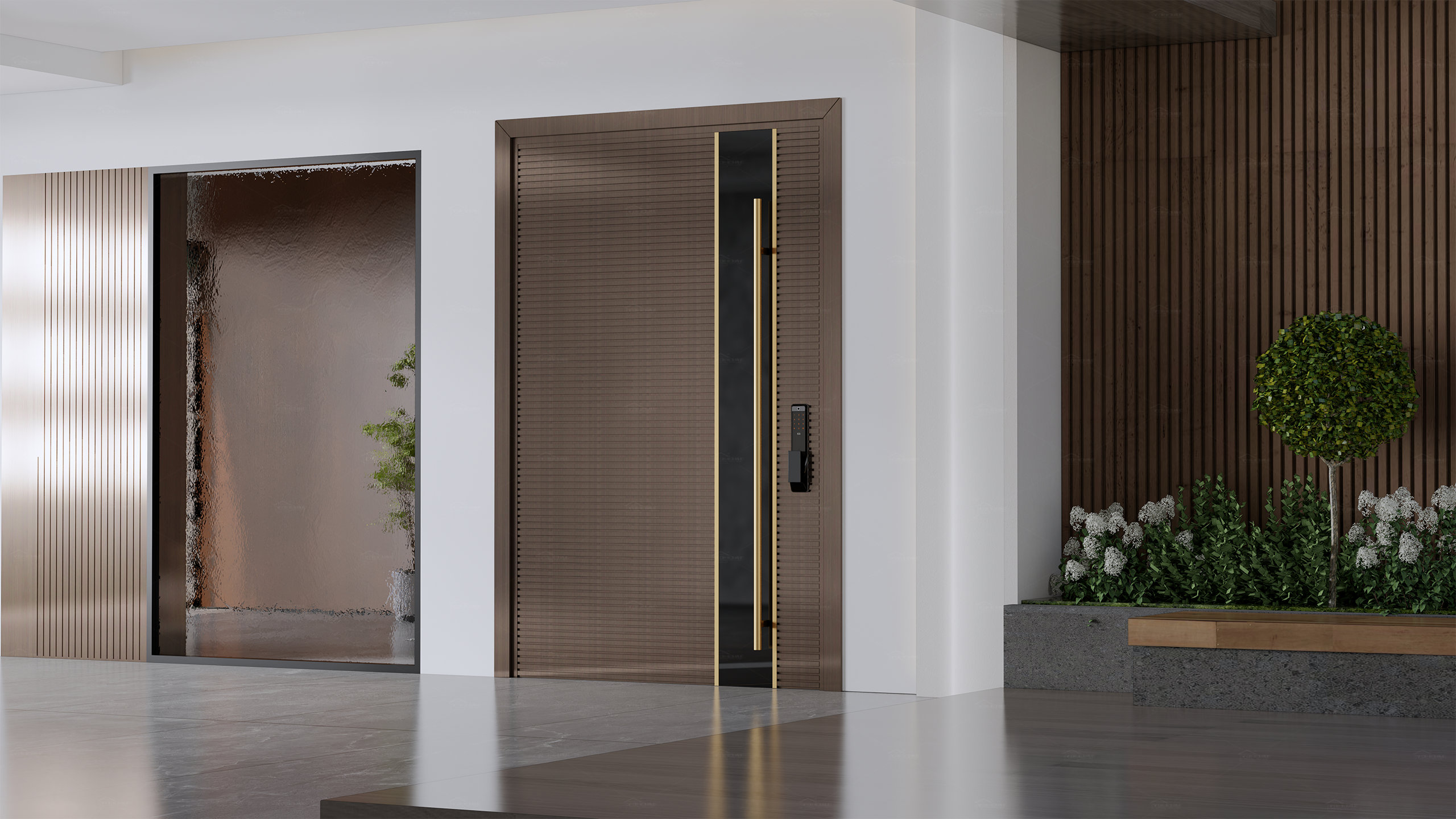 Modern entrance door with sleek design and secure lock for residential homes.