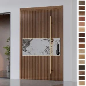 Modern wood entry door with solid core for resort villas.