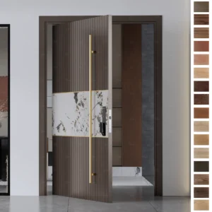 Entry Door crafted in Foshan with elegant wooden design and vertical grooves.
