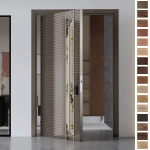 Entry Door with sleek horizontal slats, solid timber, and smart access.