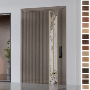 Entry Door with fingerprint reader offers elegant, contemporary solid wood pivot gate design.