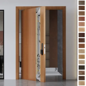 Entry Door crafted from fine timber with marble panels.