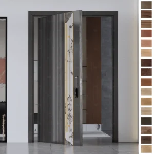 Entry Door crafted from solid oak wood with elegant grooves, composite timber build.