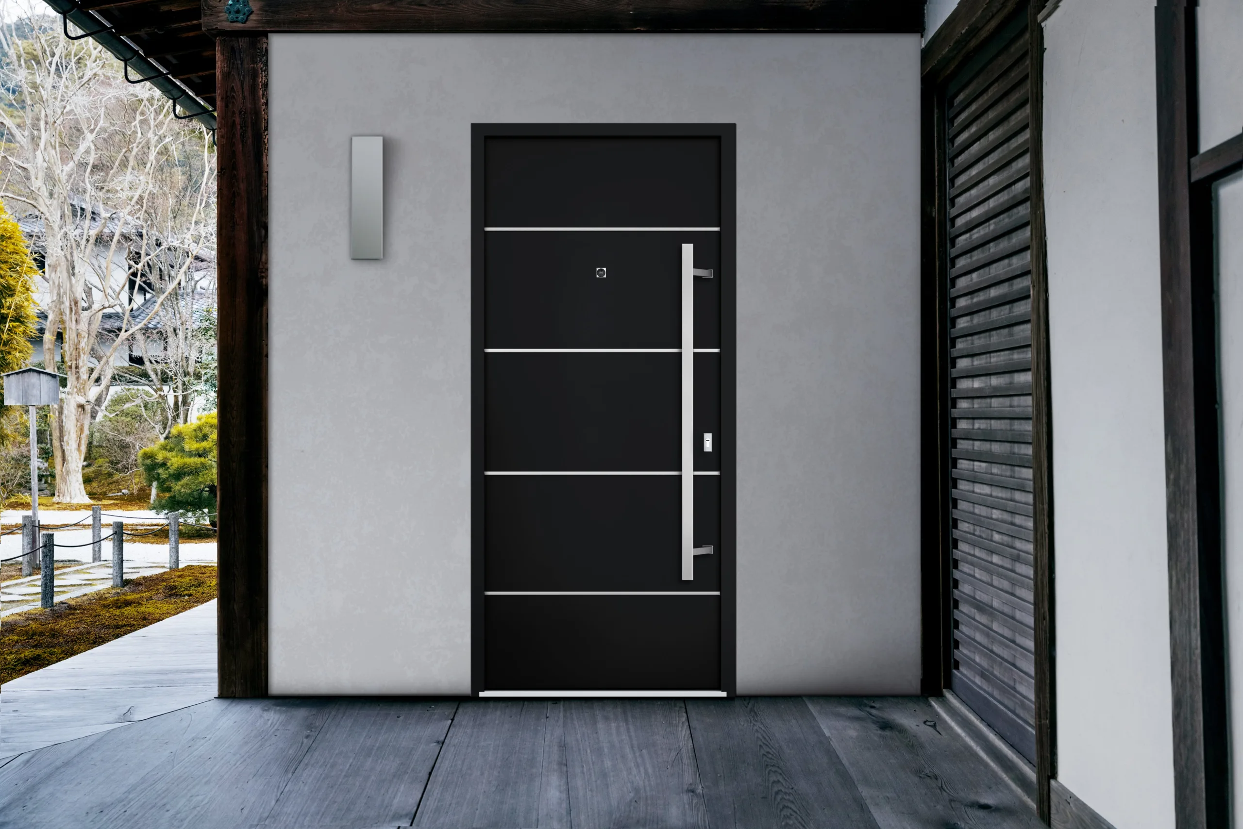 Front view of a craftsman-style entry door with shaker panels and warm tone.