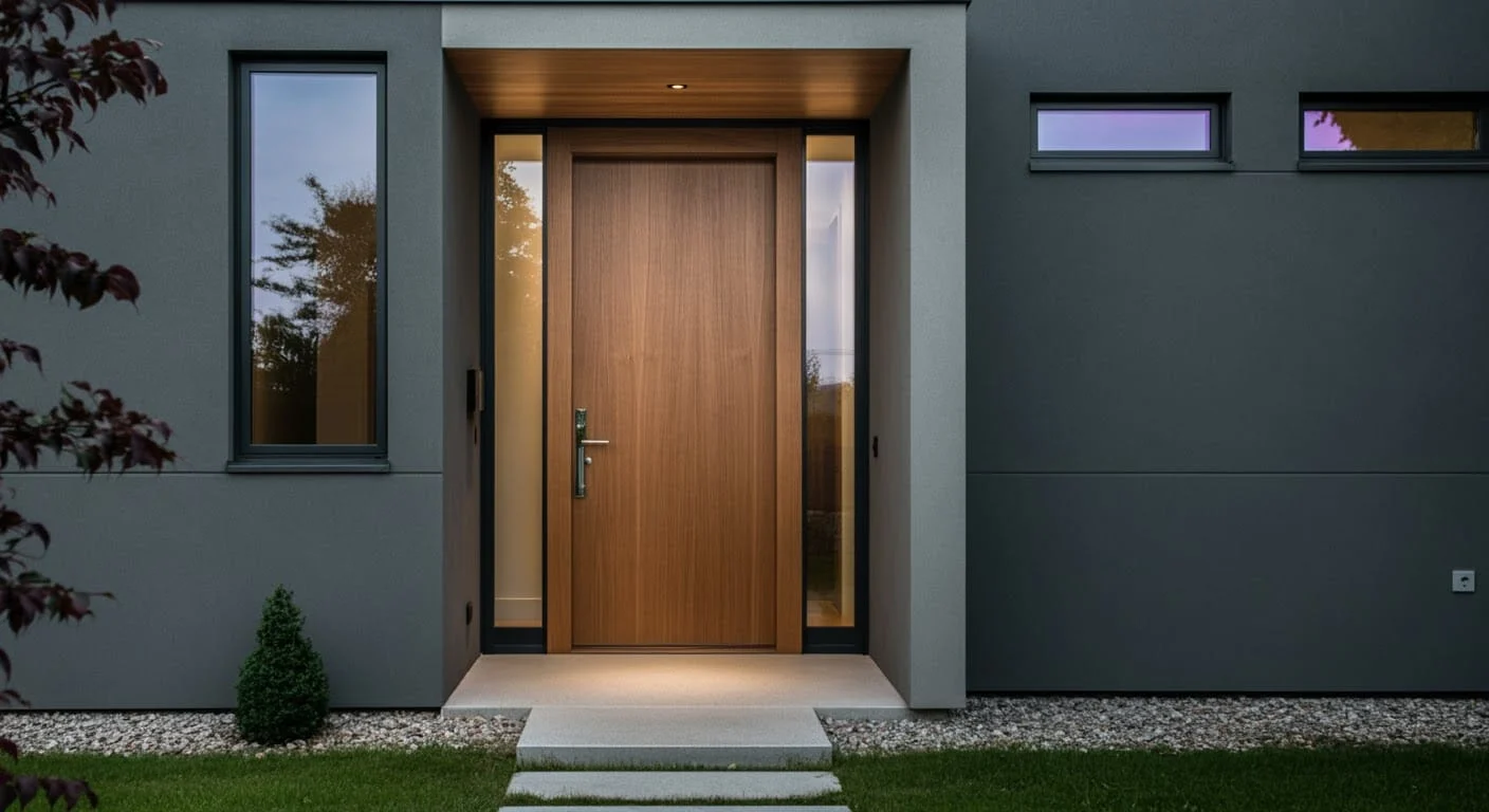 Elegant arched entry door surrounded by stone façade and lantern lights.
