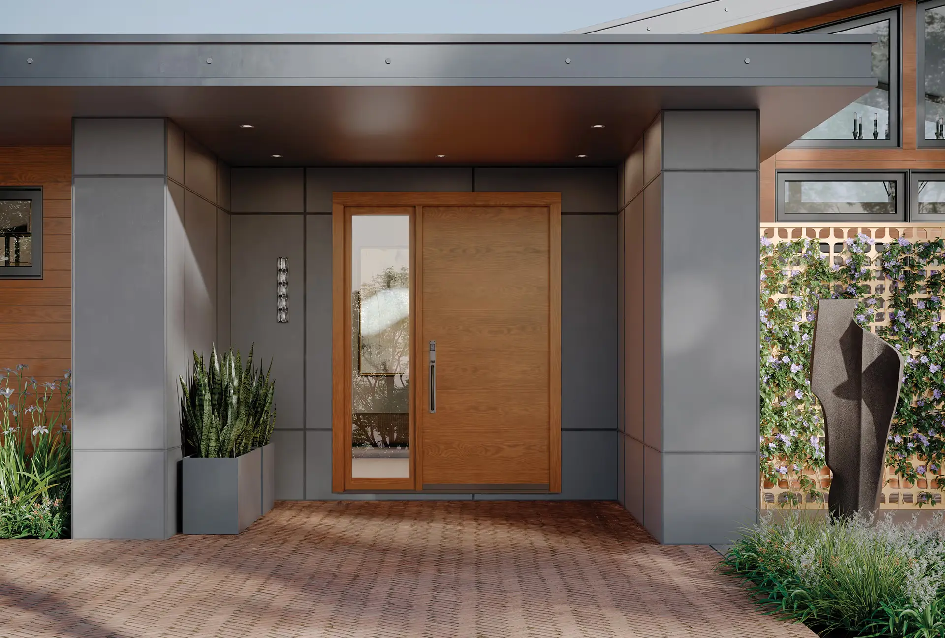 Contemporary steel entry door with horizontal panel design and smart lock.