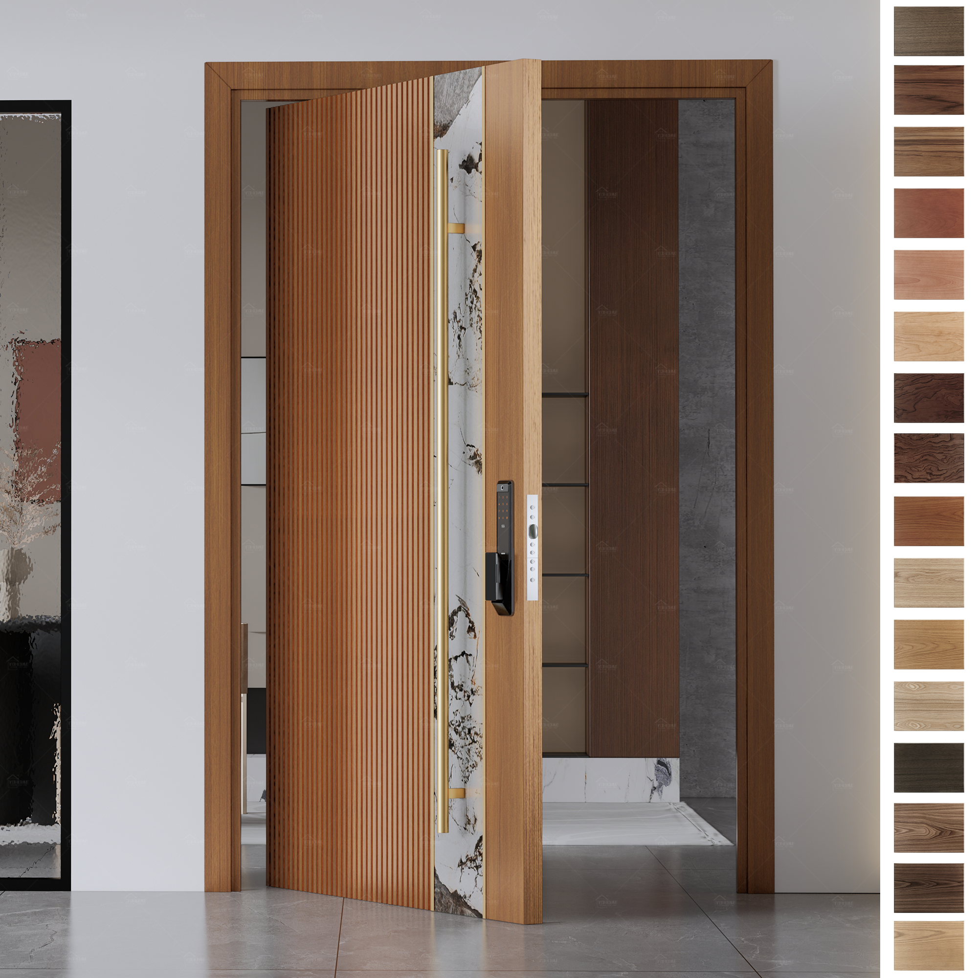 Entry Door made of solid wood with marble panel by Yohome.