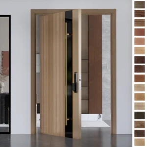 Entry Door in solid wood with pivot style for large villa entrances.