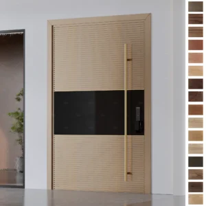 Entry Door in pivot style, made from solid wood with horizontal slats.
