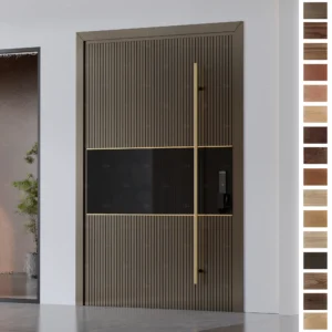 Entry Door featuring wave wood design in rich walnut.