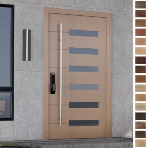 Entry Door in stylish walnut pivot design with full frame.