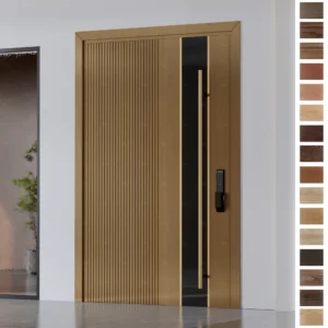 Entry Door in solid wood with elegant timber slats.