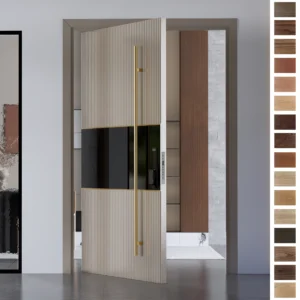 Entry Door crafted from solid oak wood with unique handle and stripe design.