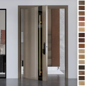 Entry Door with modern oak wood and aluminum trim strip.