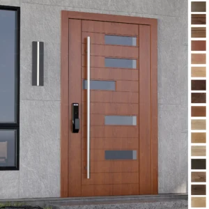 Entry Door with artistic design, multiple glass panels, and pivot opening.
