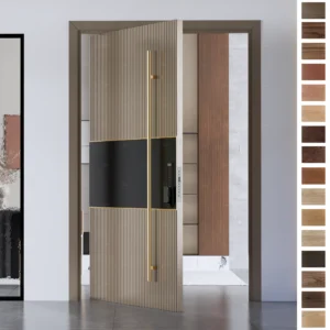 Entry Door in European modern design with teak wood and pivot function.