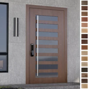 Entry Door made of natural oak with horizontal glass panels.