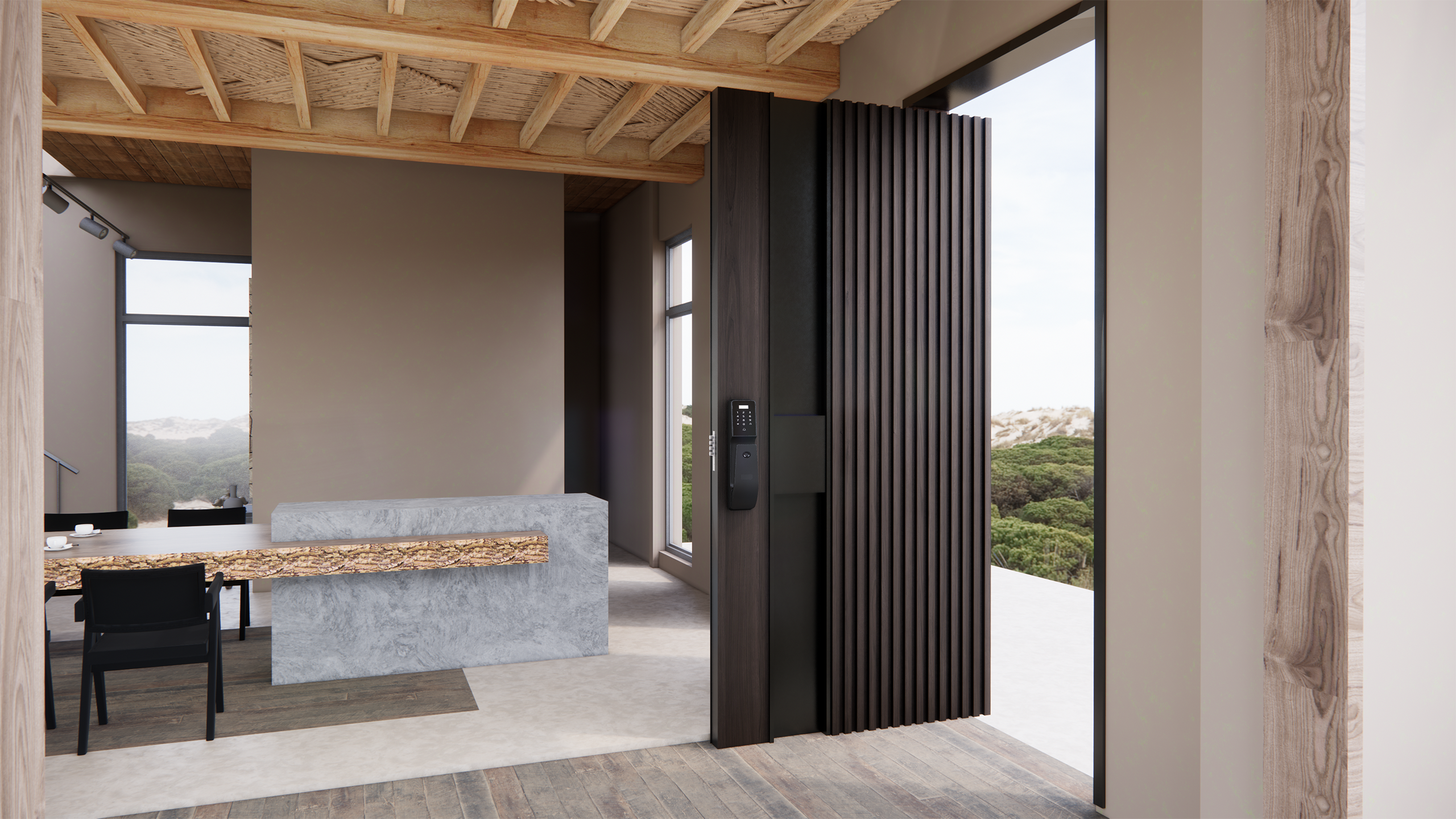 Modern wooden exterior door with glass panels and black metal frame.