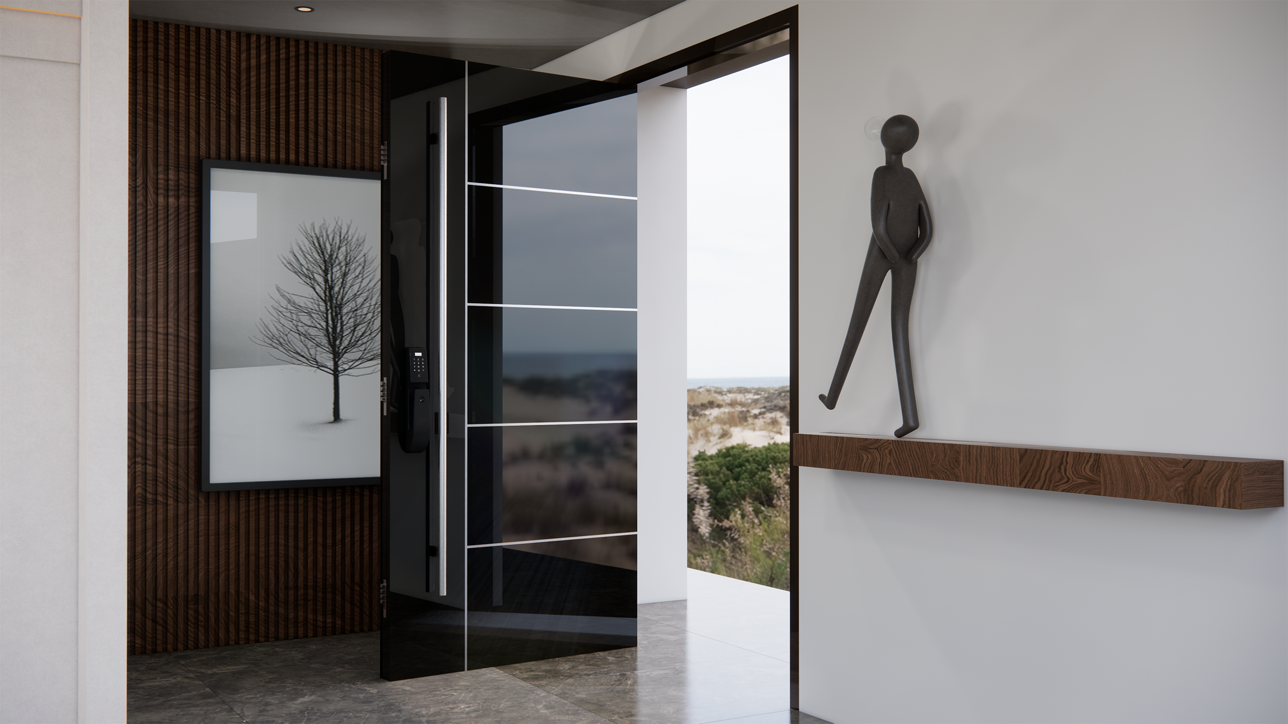 Elegant white exterior door with decorative sidelights on a residential home.
