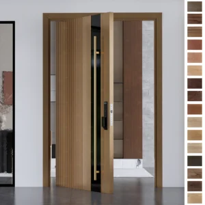 Entry Door featuring French-inspired custom wood pivot design.