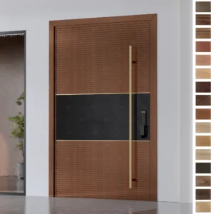 Entry Door crafted in modern French design with timber material and fingerprint lock.