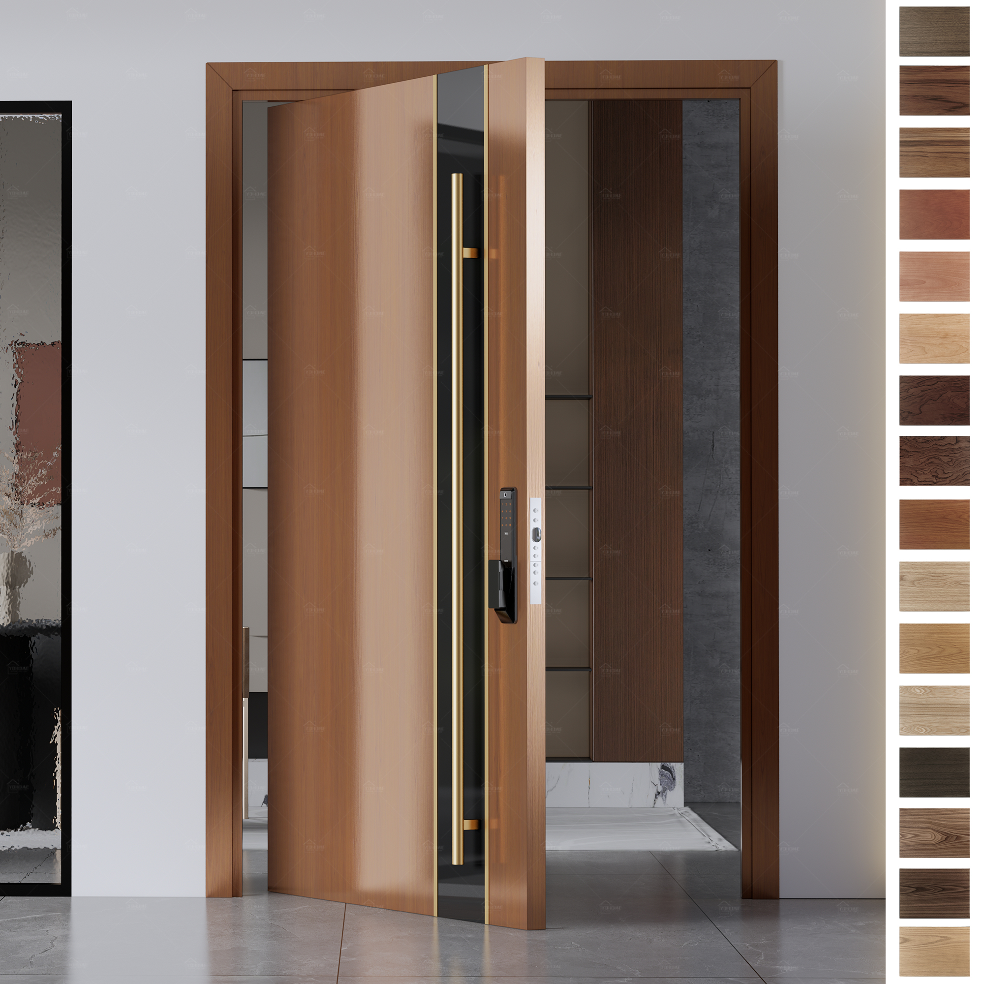 Entry Door featuring elegant wood slats and a pivot mechanism.