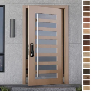 Entry Door made of solid wood with a modern pivot design.