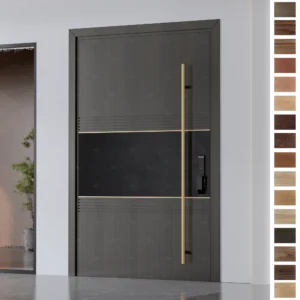Entry Door in luxury solid wood with modern groove design.
