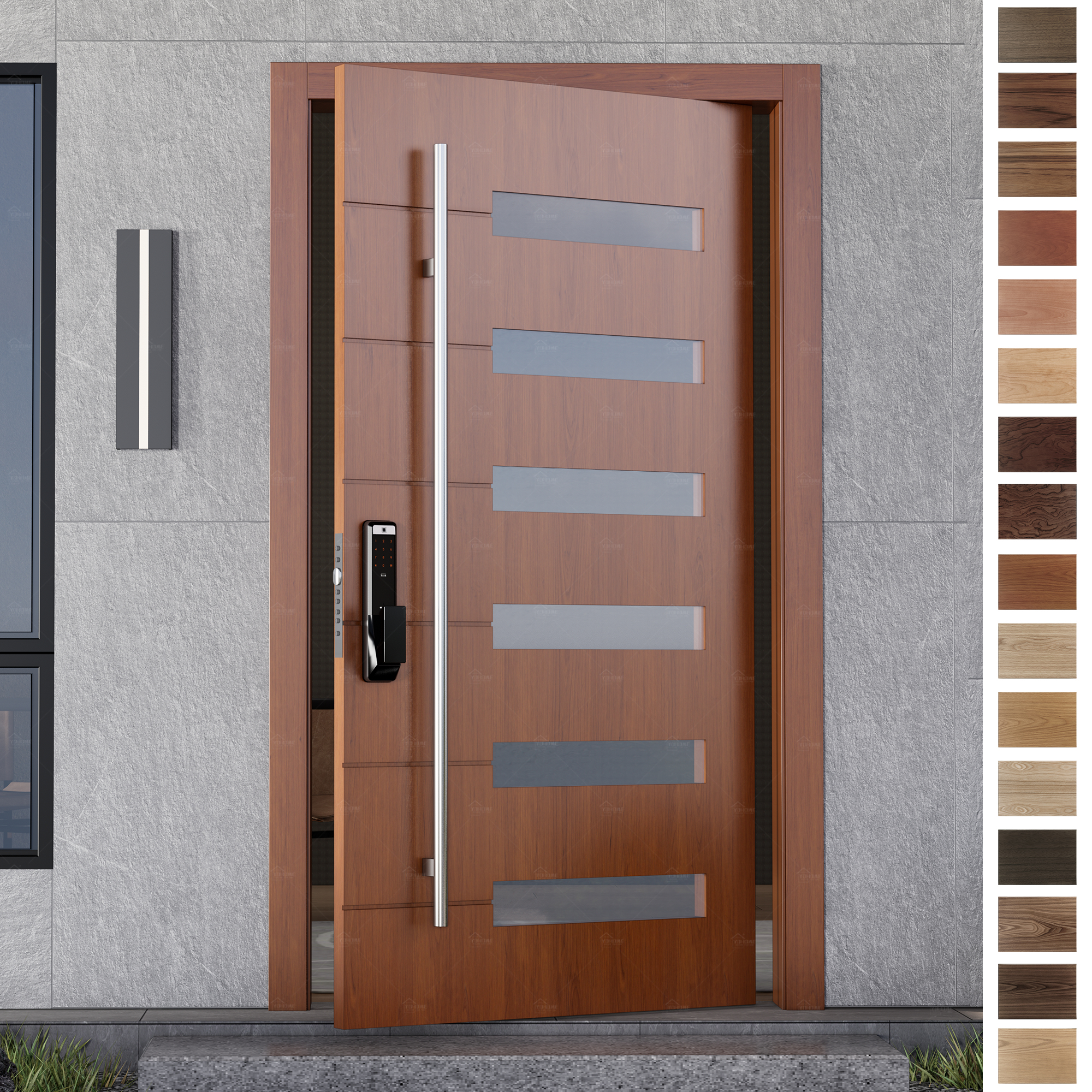 Entry Door in sleek wood finish.