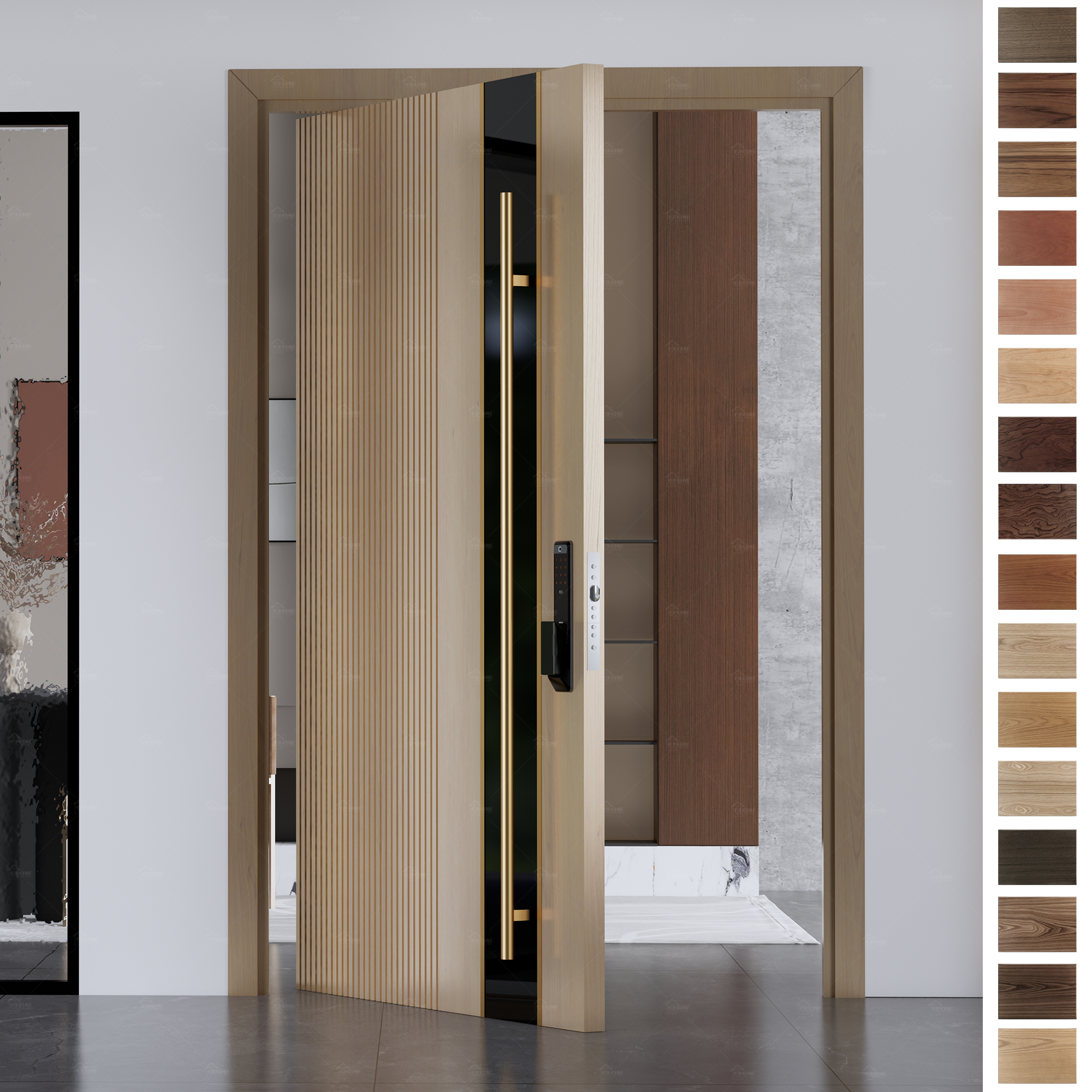 Entry Door made of solid walnut with a natural look and custom handle.
