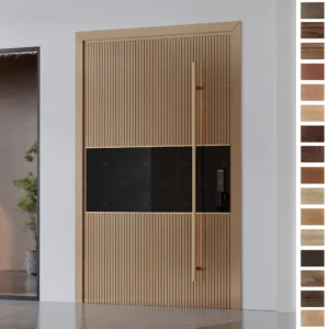 Entry Door made of premium solid wood with sleek handle and pivot design.