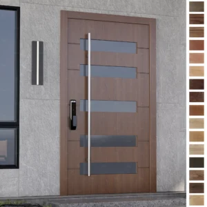 Entry Door featuring UAE minimalist design and teak pivot structure.