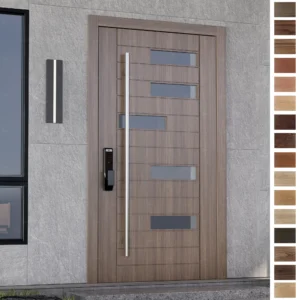 Entry Door in contemporary pivot style made of solid walnut.