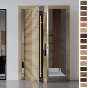 Entry Door by Yohome featuring a wooden pivot design and smart fingerprint lock.