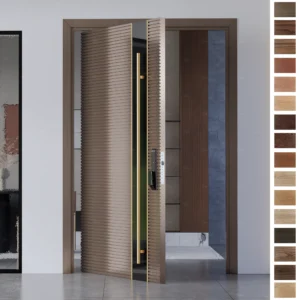 Entry Door redefined with Yohome’s walnut wood pivot design.
