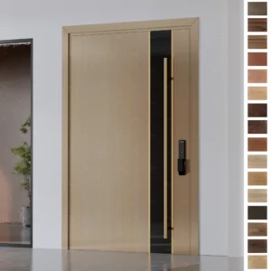 Entry Door in modern teak wood finish with fingerprint lock.