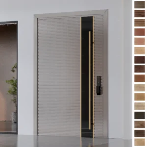 Entry Door with modern wood design and aluminum trim.