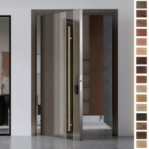 Yohome Entry Door offers style and strength with custom wood pivot design and artistic grooves.