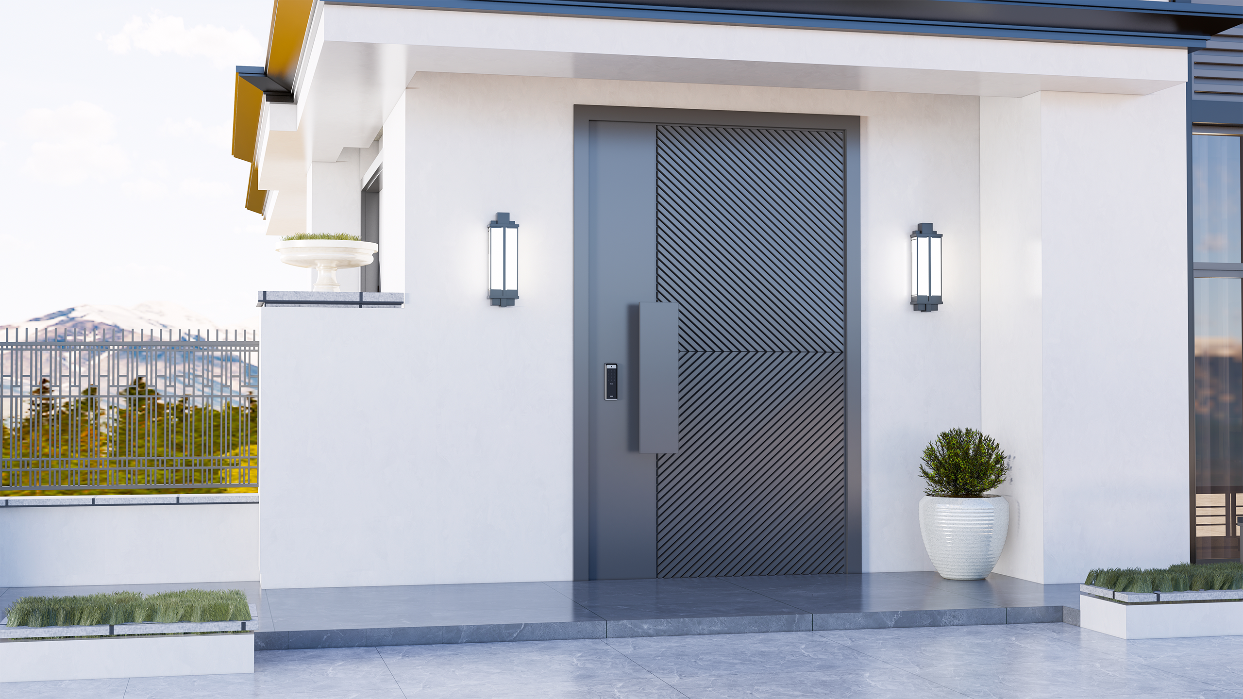 Modern cast aluminum door with intricate floral engraving design, perfect for luxury entranceways.