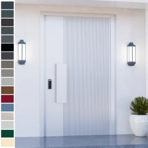 Entry Door made of cast aluminum with vertical grooves.