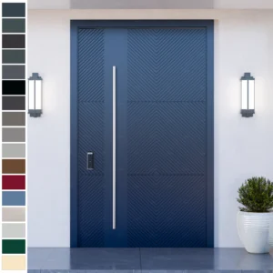 Entry Door with modern U.S. design, cast aluminum build, and pivot style.