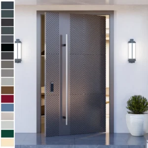 Entry Door in cast aluminum with a sleek pivot style.